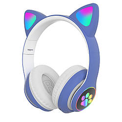 Бездротові дитячі MP3 Навушники з котячими Вушками з підсвіткою з MicroSD з FM-Радіо Cat Ear STN-28 Bluetooth Сині