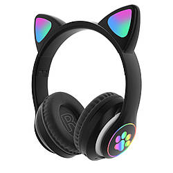 Бездротові дитячі MP3 Навушники з котячими Вушками з підсвіткою з MicroSD з FM-Радіо Cat Ear STN-28 Bluetooth Чорні