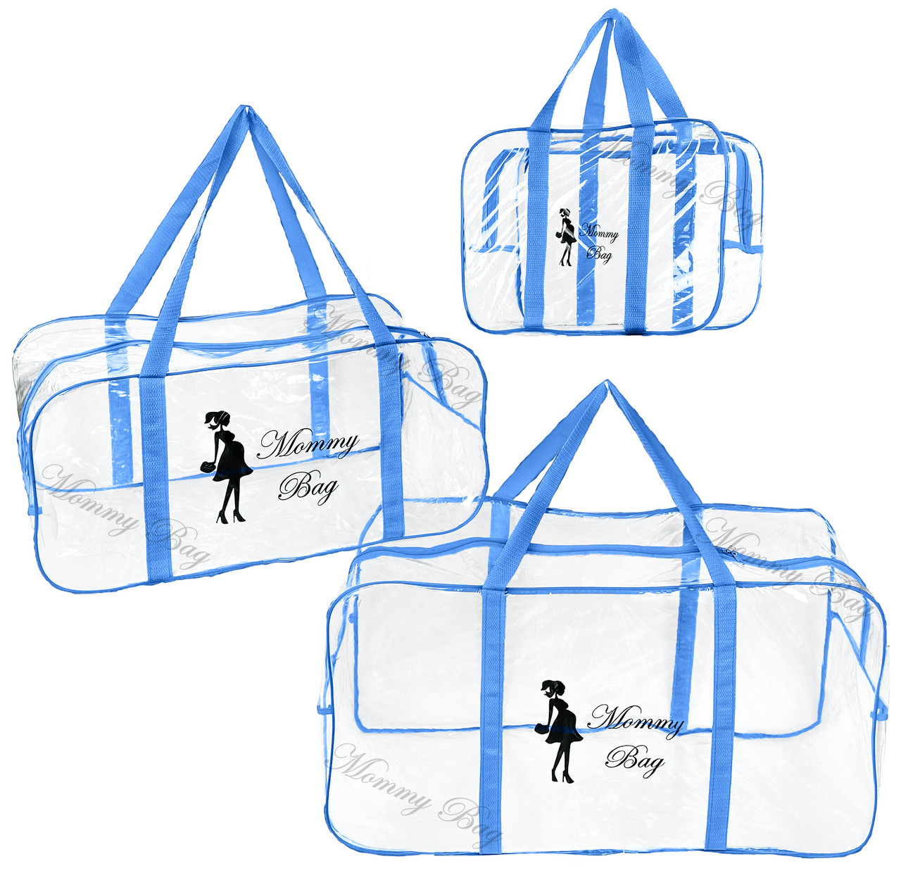 Сумки в пологовий будинок прозорі Mommy Bag Порожня сумка для мам допологова блакитна набір р. S, L, XL 3шт.