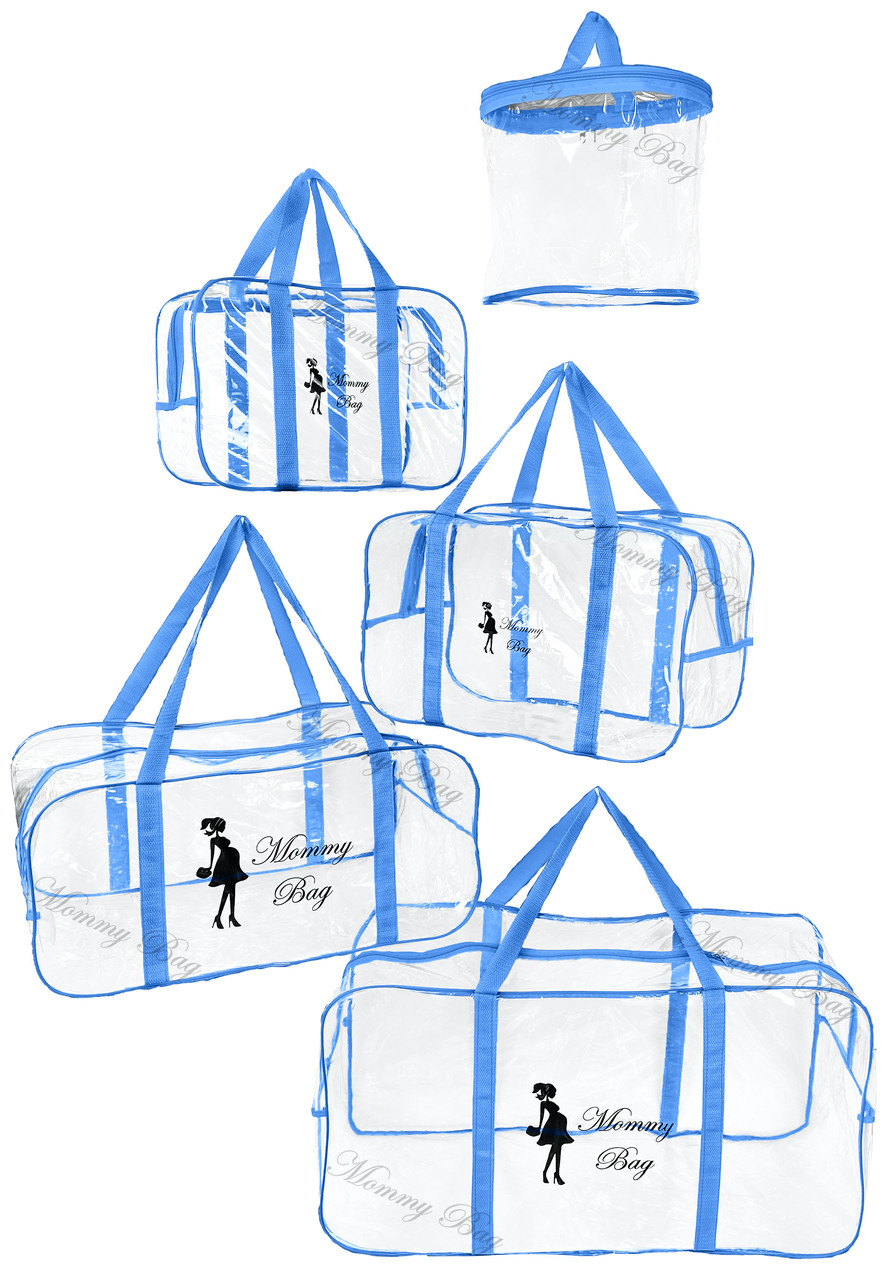 Сумка в пологовий будинок для мами прозора синя Mommy Bag Сумки прозорі набір р. S, M, L, XL + органайзер