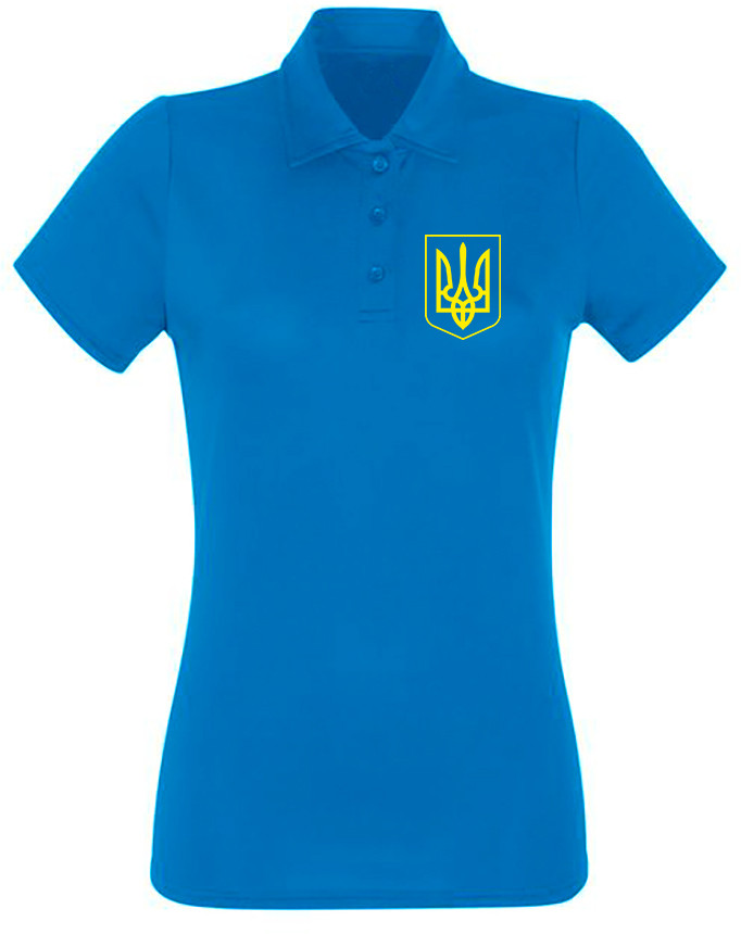 Футболка поло жіноча синя бавовняна «Герб України» р. S, M, L, XL, 2XL / Базова футболка polo з принтом