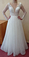 Белое свадебное платье с кружевом, пайетками, длинным рукавом и блестящей юбкой, размер 46