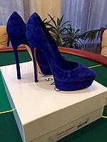 Туфли женские синие замшевые оригинальные натуральные на каблуке с платформой .