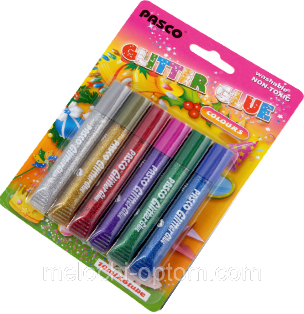 Клей силіконовий з блискітками PASCO (6 кольорів х 10ml)