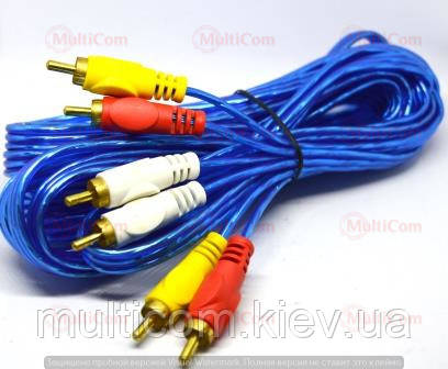 05-00-123. Шнур 3RCA - 3RCA (штекер-штекер), gold pin, прозоро-синій, 5м