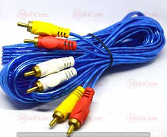 05-00-115. Шнур 3RCA - 3RCA (штекер-штекер), gold pin, прозоро-синій, 3м