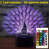 3D Светильник, "Павлин", Лучшие подарки на 14 февраля, Подарок любимой на 14 февраля, Подарки мужчине