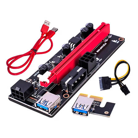 Райзер Riser PCI-E 1x to 16x PCE 164pin, VER 009S, 60см sata, molex, 6 pin, led, фото 1