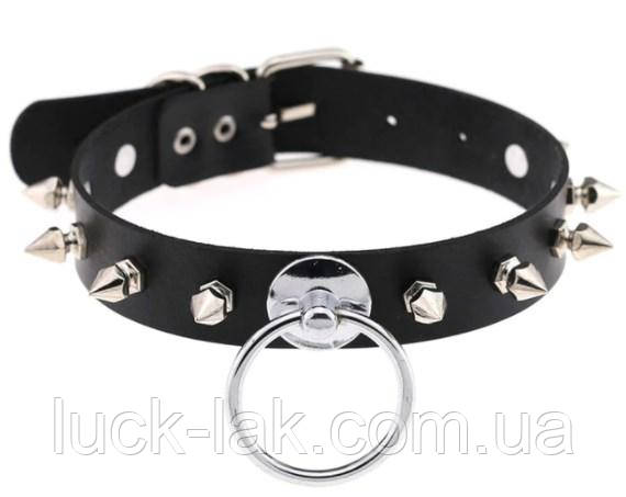 Чокер із кільцем і шипами, панк-рок прикраса на пряжці, чорний, фото 1