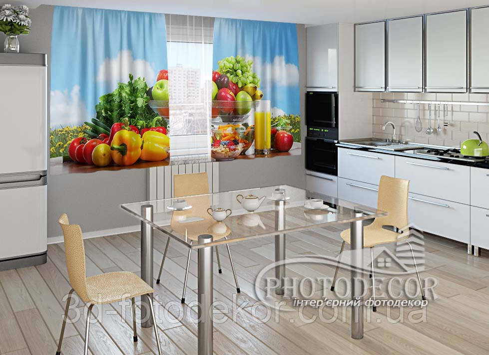 Фото Штори для кухні "Фрукти та Овочі мікс" 2,0м*2,9м (2 полотна по 1,45м), тасьма