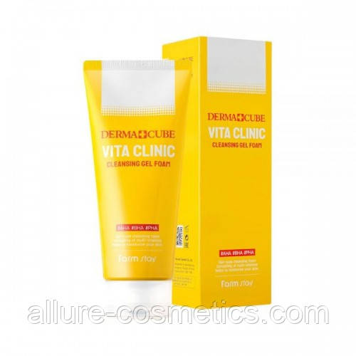 Вітамінна гель, пінка з кислотами FARM STAY DERMA CUBE VITA CLINIC CLEANSING GEL FOAM 180ML