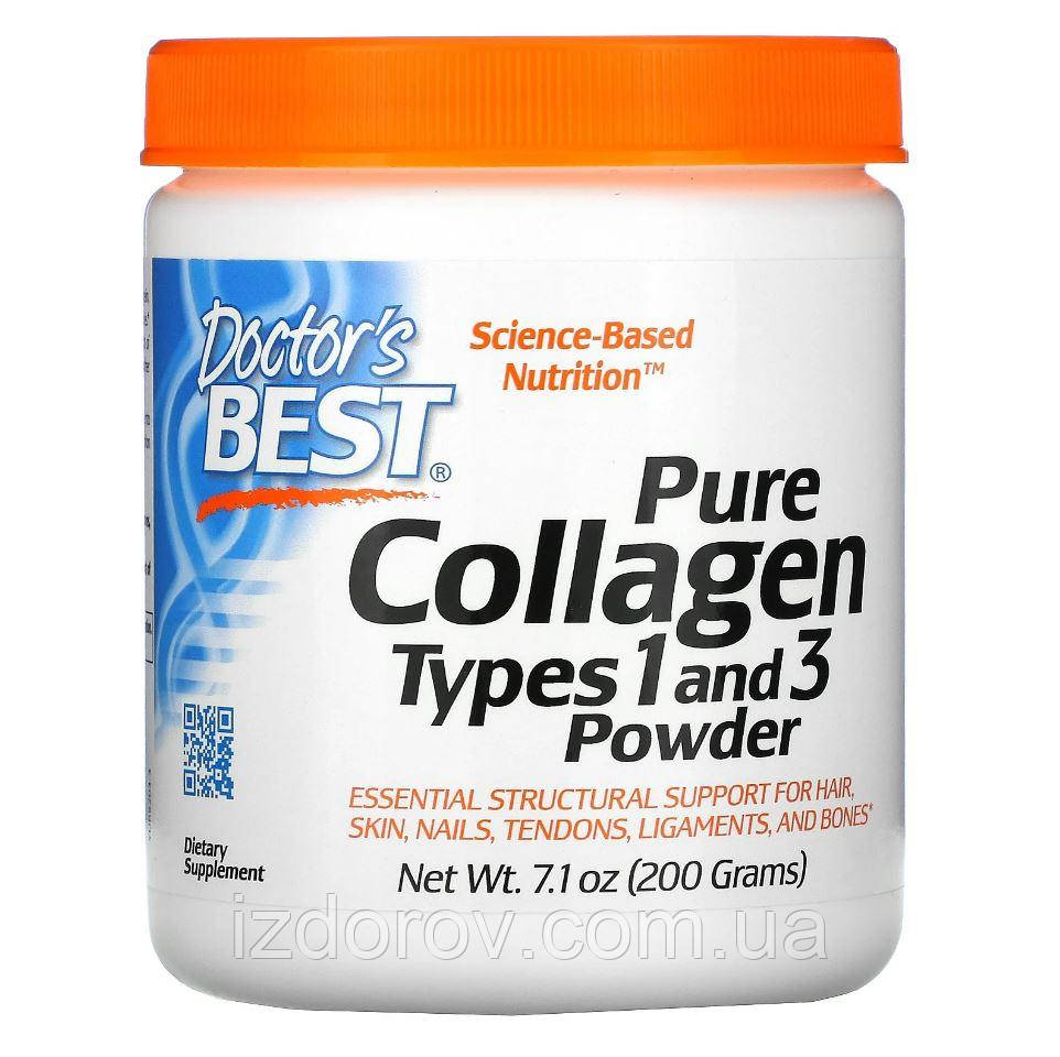 Чистый Коллаген типов 1 и 3 Doctor's Best Pure Collagen для сухожилий связок костей кожи волос в порошке 200 г - фото 1 - id-p1422633677