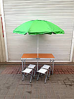 Усиленный стол для пикника цвет бамбук + 4 стула + Зонт 2 м. Раскладной столик для туризма, рыбалки, охоты