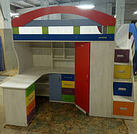 Детская кровать-чердак с рабочей зоной, угловым шкафом, тумбой и лестницей-комодом КЛ25-2 ЭКО