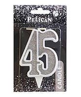 Свеча юбилейная для торта Pelican "45" СЕРЕБРО 7см