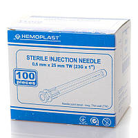 Голка ін'єкційна 23G (0,6x25 mm) одноразова стерильна (100 шт/уп.) HEMOPLAST, фото 1