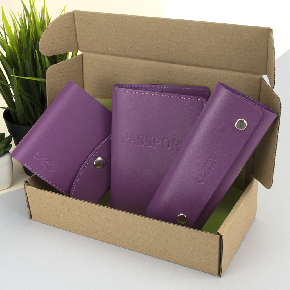 Подарунковий жіночий набір Handycover №54 (фіолетовий) гаманець + ключниця + обкладинка на паспорт