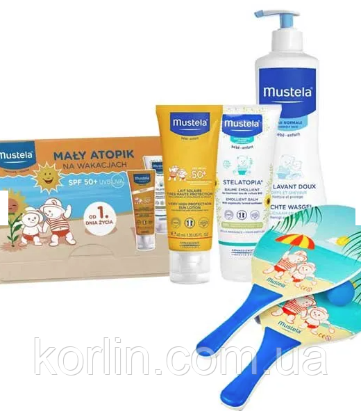 Mustela BeBe Set Набір Молочко Від Сонця 40 мл Лосьйон Для Тела 40 мл Гель Для Тела 750 мл + Рукетки Доставка з ЄС