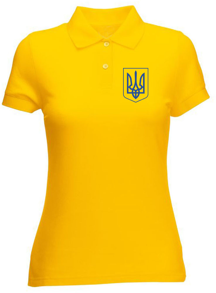 Футболка поло жіноча жовта бавовняна «Герб України» р. S, M, L, XL, 2XL / Стильна жіноча футболка polo, фото 1