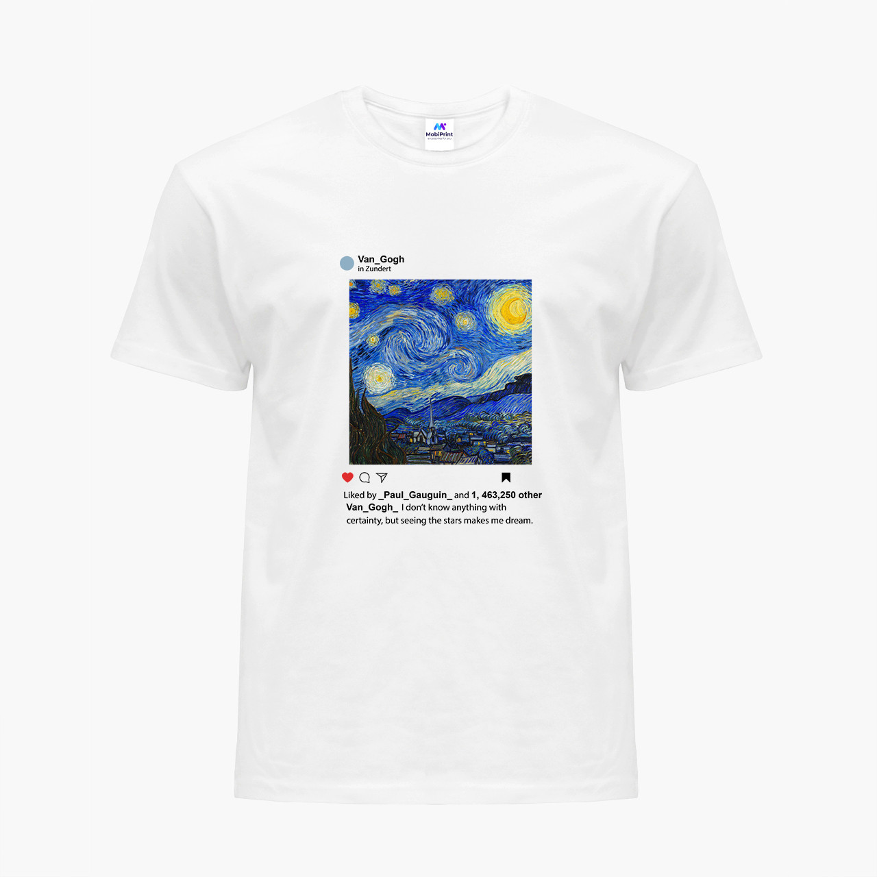 Футболка жіноча з принтом Інстаграм Зоряна ніч Вінсент Ван Гог (Instagram van Gogh), футболка для жінок про Творчість (Art) S, Білий
