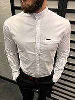 Мужская рубашка белого цвета (белая) воротник стойка, мужская стильная рубашка весна лето Турция