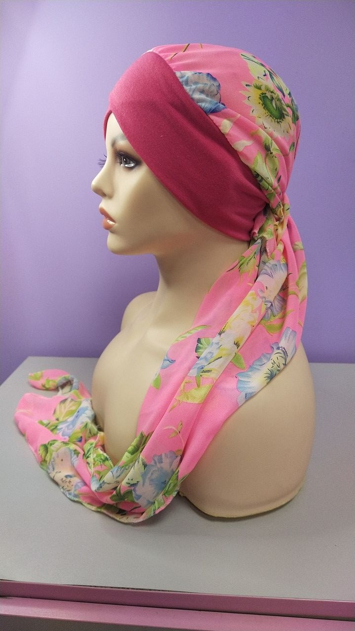 Чалма літня шапка 54-60рр шифон рожева на трикотажній пов'язці з принтом "Вуалька" натуральна тканина, фото 1