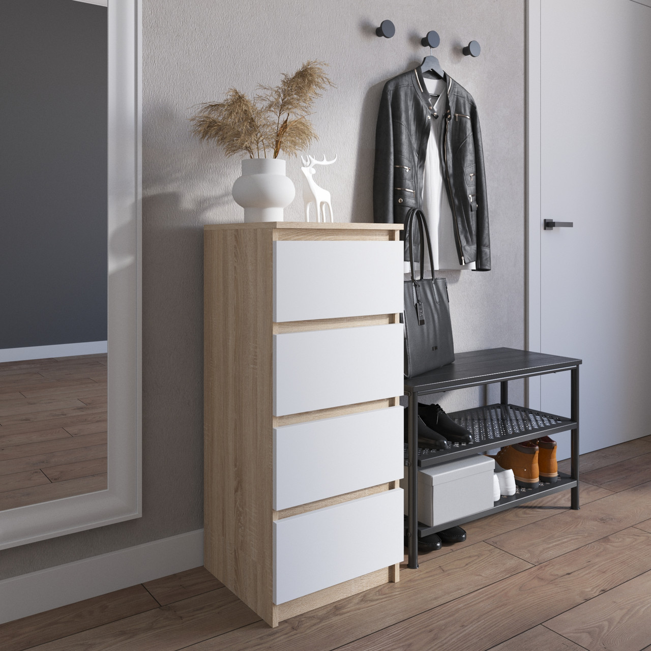 Комод на 4 висувних ящика c фасадами без ручок R-17 Дуб Сонома-Білий фасад, фото 1