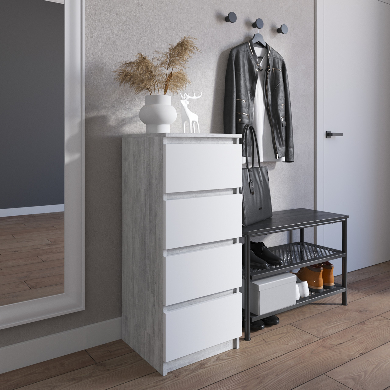 Комод на 4 висувних ящика c фасадами без ручок R-17 Бетон-Білий фасад, фото 1