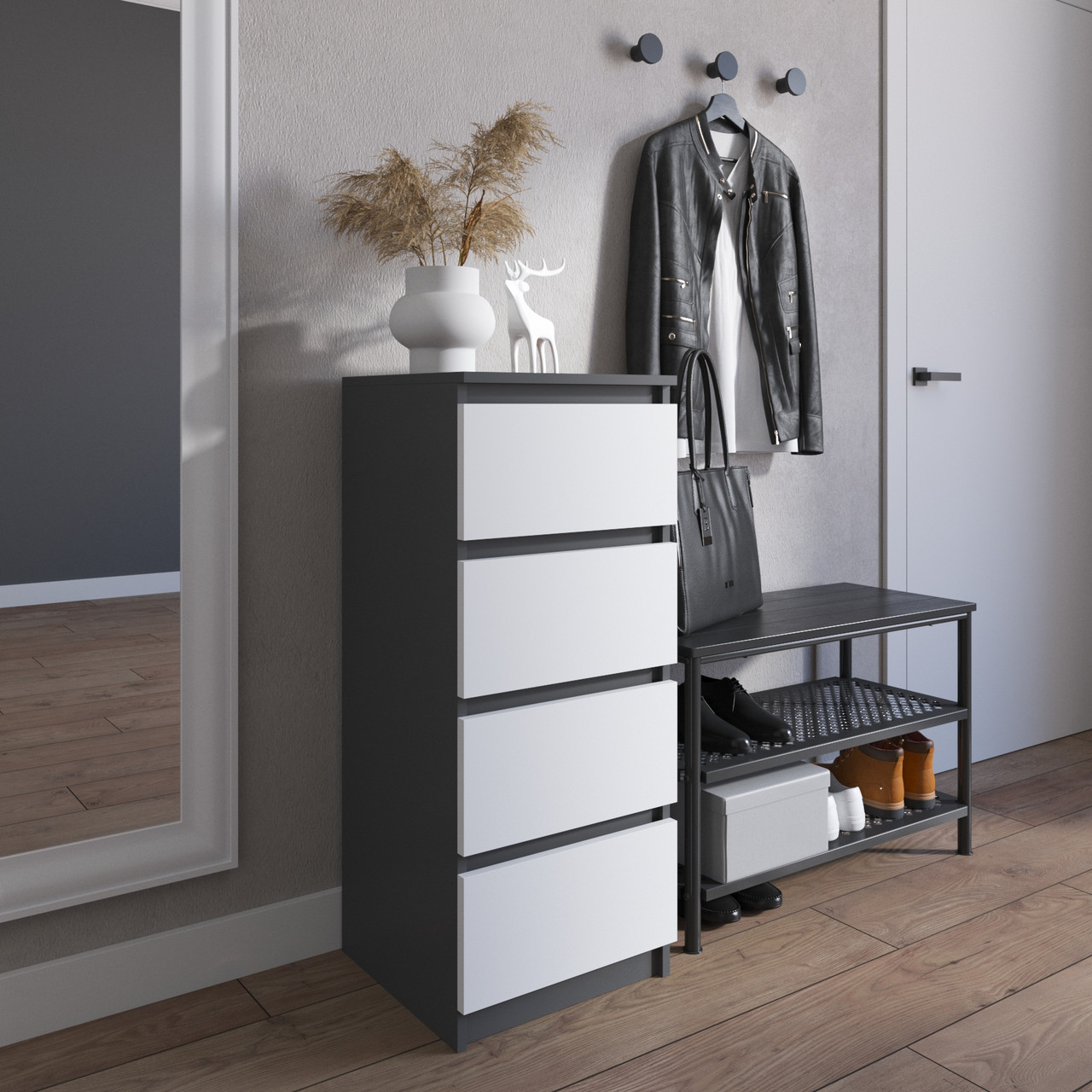 Комод на 4 висувних ящика c фасадами без ручок R-17 Антрацит-Білий фасад, фото 1