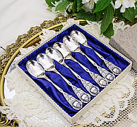 Набор посеребренных кофейных ложечек с розочкой на ручке, серебрение 100, Германия, AROTAN