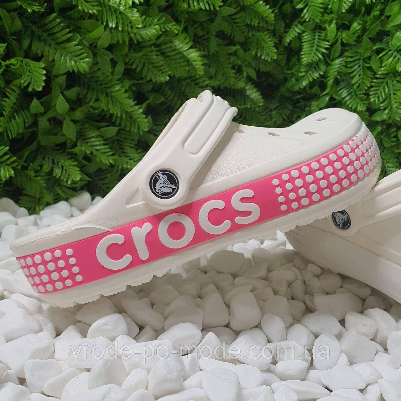 Жіночі комфортні легкі крокси баябенд білі, красиві літні сабо з яскравим написом збоку, Crocs Bayaband Logo, оригінал, фото 1