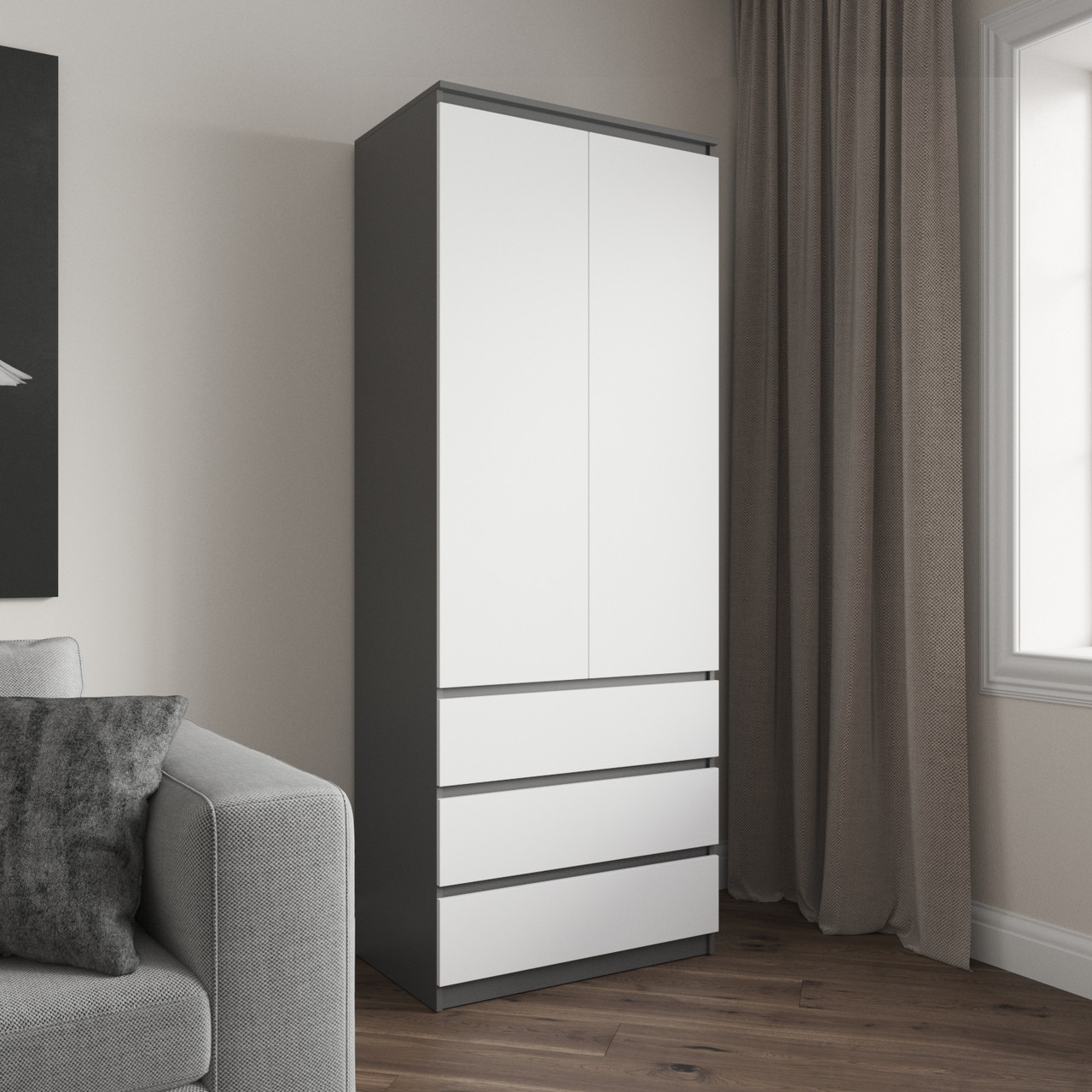 Шафа для одягу на 3 висувних ящика c полицями, фасади без ручок R-16 Антрацит-Білий фасад, фото 1