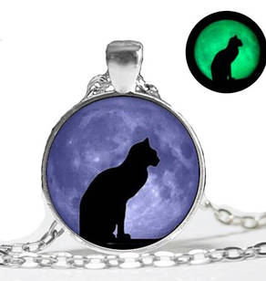 Кулон, що світиться в темряві, підвіска з лінзою, з люмінофором нічна кішка колір фурнітури срібло