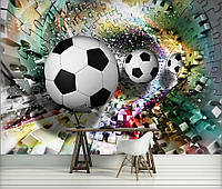 Флізелінові фотошпалери футбол в інтер'єрі дитячі для хлопчика 368x254 см М'ячі у тунелі 3D Пазл (3381V8)+клей