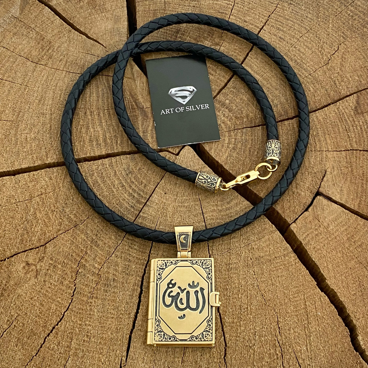 Позолочена срібна 925 підвіска International на шкіряному шнурку, фото 1