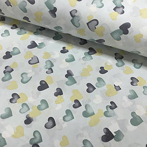 Тканина поплін серця акварель бежево-зелені на м'ятному (ТУРЦІЯ шир. 2,4 м) (R-S-0439)