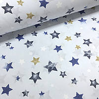 Ткань поплин звездочки акварель бежево-синие на голубом (ТУРЦИЯ шир. 2,4 м)(R-S-0363)