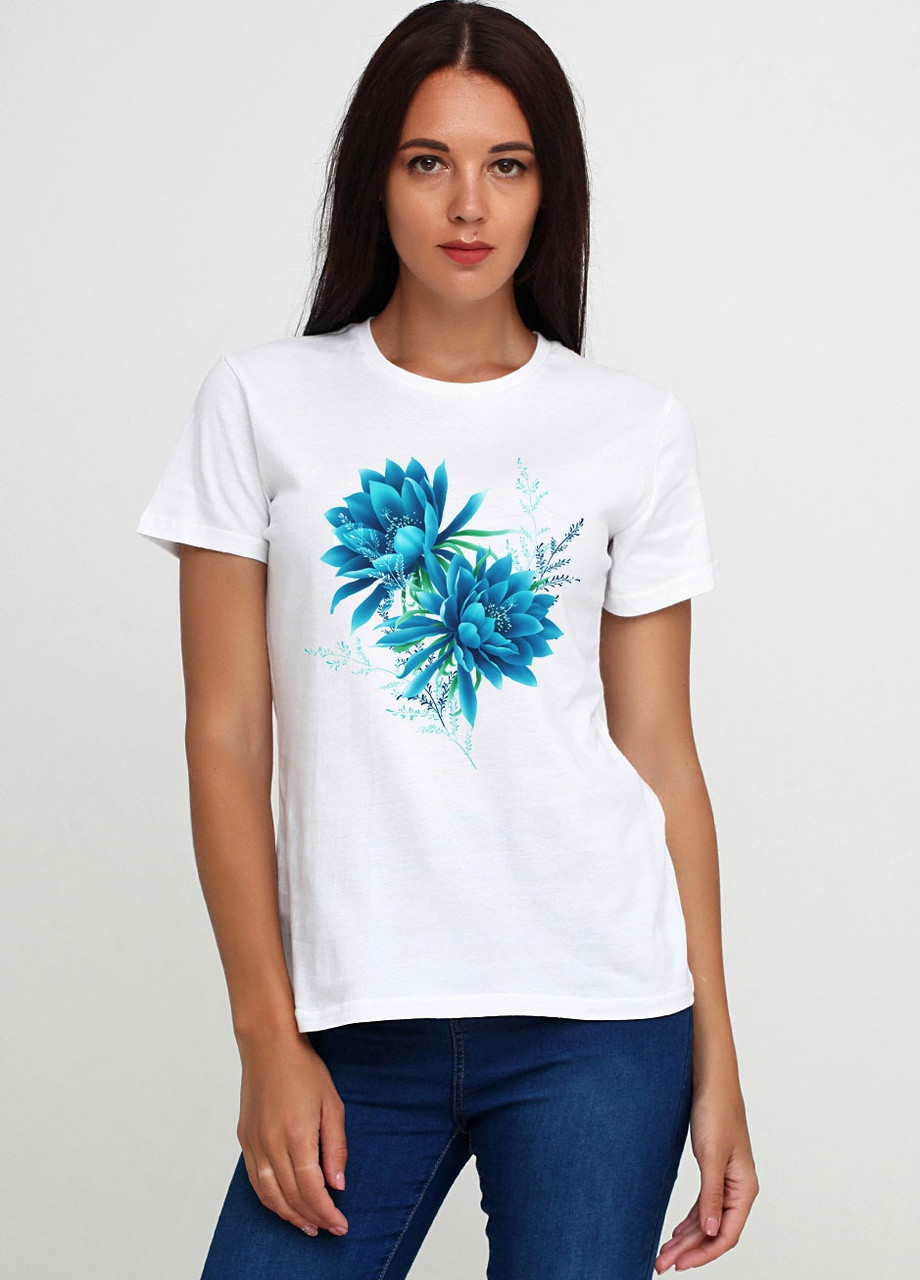 Жіноча біла футболка Мальта з принтом 18Ж425-17-Р1 Blue Flower S (2901000331560)