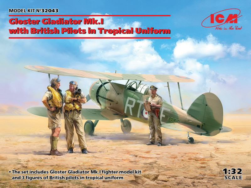 Пластикова модель 1/32 ICM 32043 британський винщувач Gloster Gladiator Mk.I з пілотами в тропічній формі