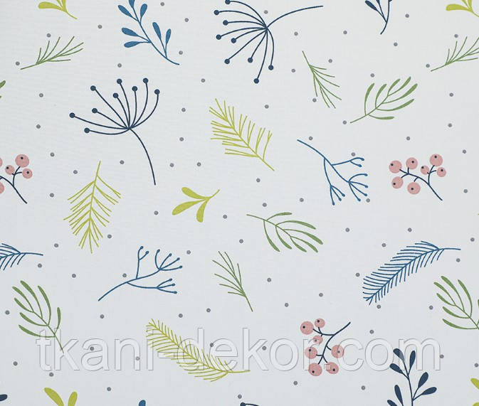 Сатин (бавовняна тканина) гілочки, ягідки, пір'їнки сині, фото 1