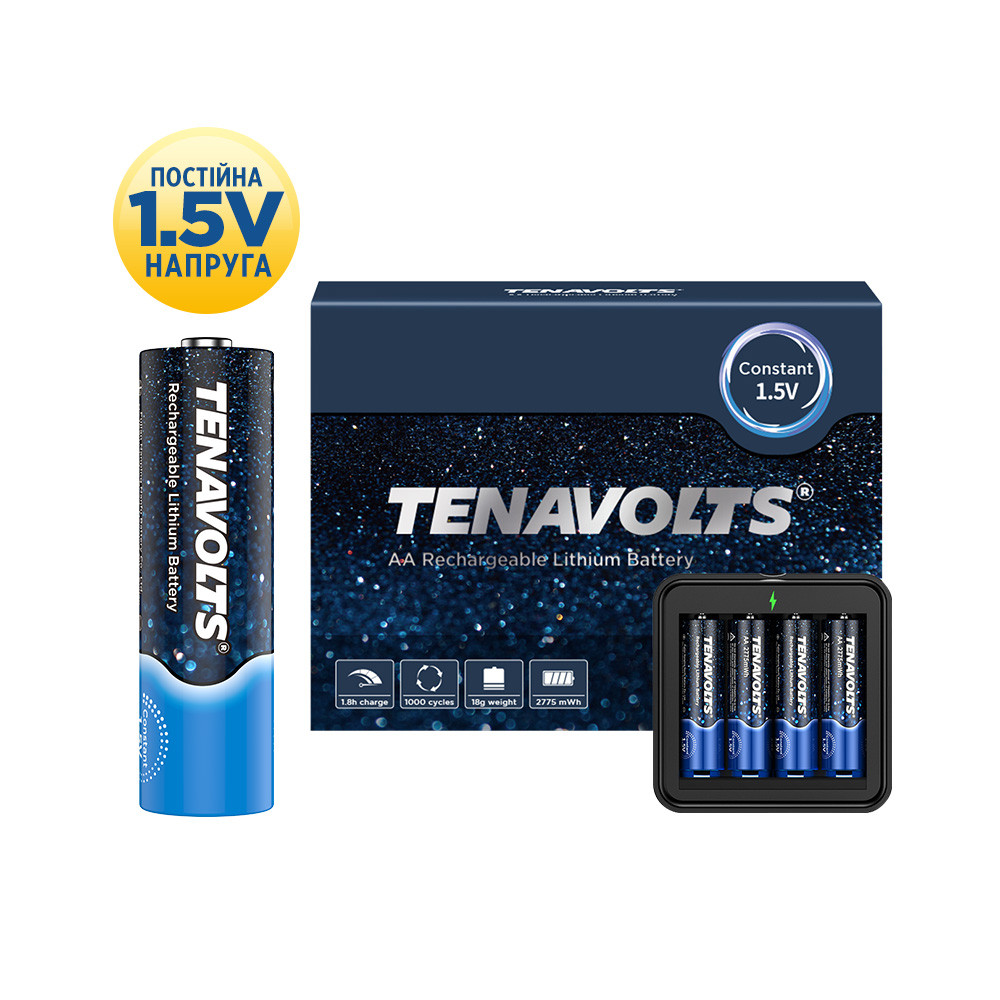 Комплект акумулятор літієвий TENAVOLTS AA 1850mAh 1.5V 4шт./уп з зарядним пристроєм