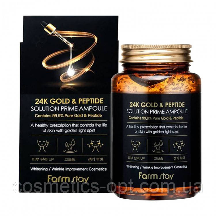 Прим'ята Коробочка! Ампульних сироватка з пептидами і 24K золотом FarmStay 24K Gold & Peptide, 250 ml