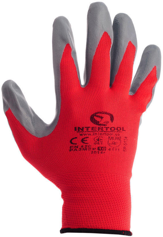 Рукавички з нітриловим покриттям, червоно-сірі Intertool SP-0124
