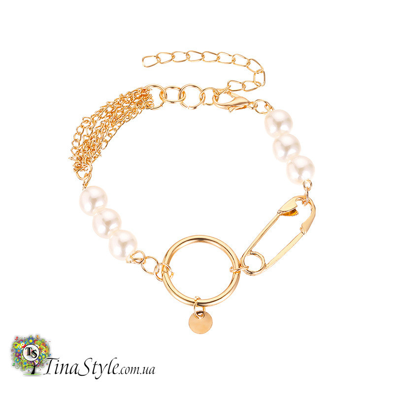 Браслет масивний ланцюг кільце з перлами тренд золото, фото 1