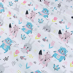 Муслін у квадратики "Бірюзові ведмедики з хустинкою, лисички та зайчики", ширина 160 см