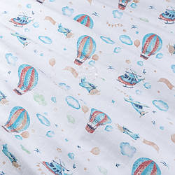 Муслін у квадратики "Бежево-бірюзові повітряні кулі та літаки", ширина 160 см