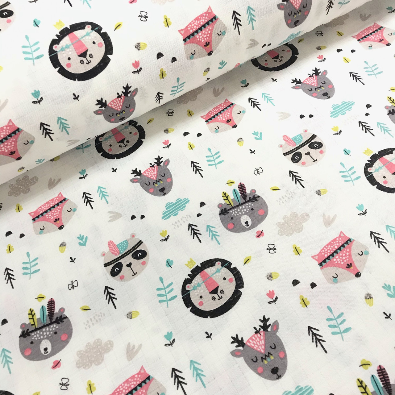 Тканина муслін Двошарова мордочки тварин рабіони в рожевих тонах на білому (шир. 1,6 м) (MS-С-0286), фото 1