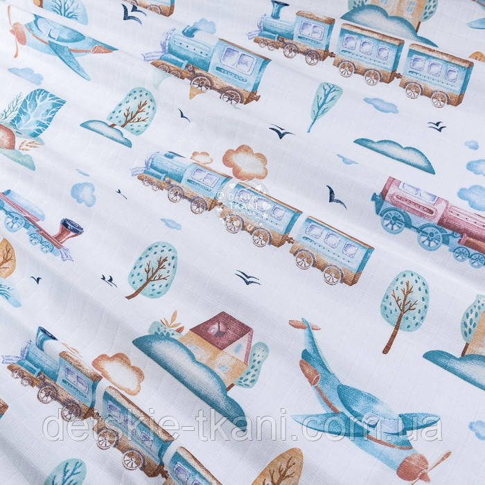 Муслін у квадратики "Бірюзово-коричневі паровози та літаки", ширина 160 см, фото 1