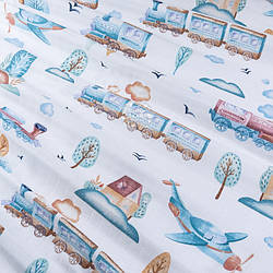 Муслін у квадратики "Бірюзово-коричневі паровози та літаки", ширина 160 см
