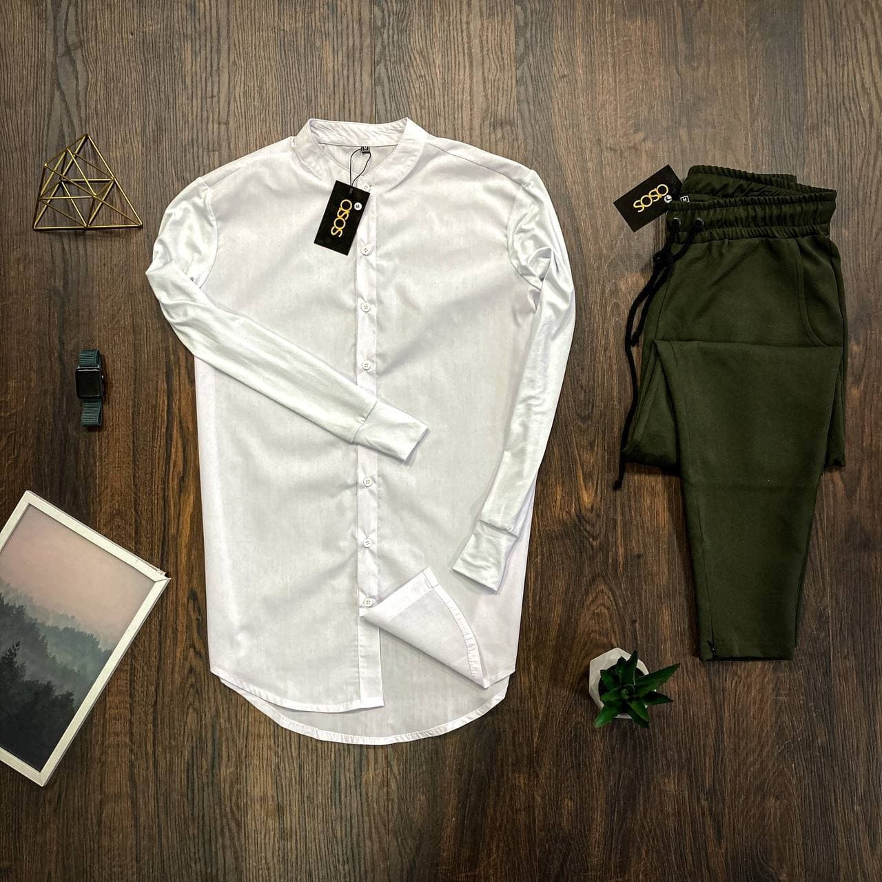 Чоловічий комплект Asos біла сорочка + штани хакі